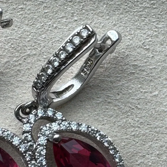 Pear cut red ruby halo and drop earrings - Picture 3 of 5